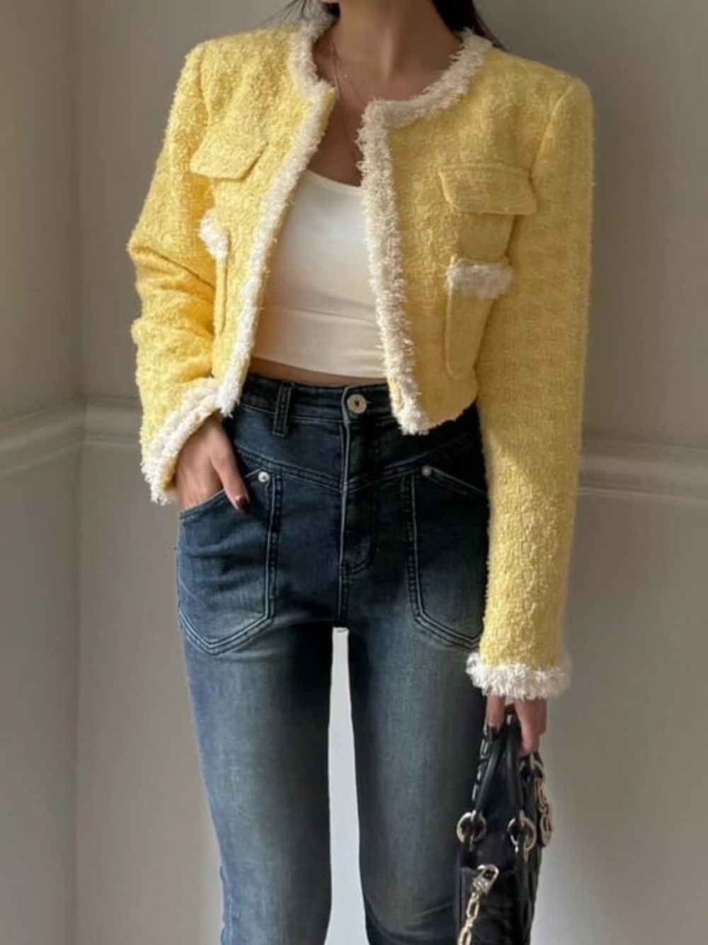 Aqua Yellow Bouclé Cropped Blazer with White Fringe Trim